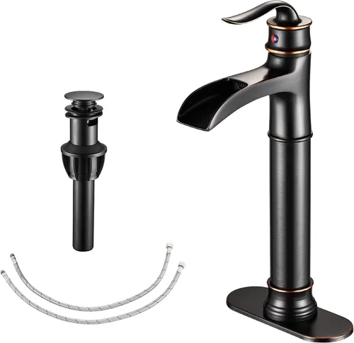 Miniatura 9 de FRANSITON Grifo de cascada de baño con una sola manija, un agujero, acabado negro mate, grifos de lavabo con boquilla grande (negro mate)