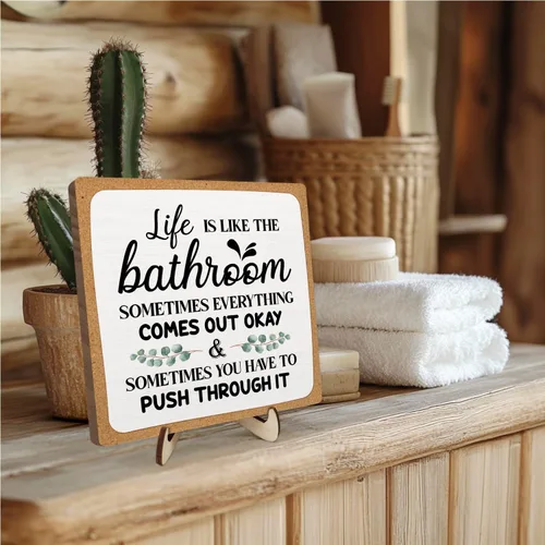 Miniatura 3 de Placa decorativa de baño, divertida placa de escritorio de madera con la vida es como el baño, letrero rústico para estante de casa de campo