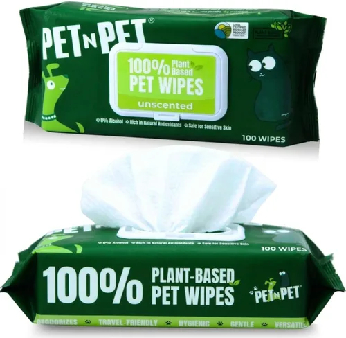 Pet N Pet Toallitas para perros 100% a base de plantas para patas y traseros, 100 toallitas hipoalergénicas sin perfume para perros, 8 x 8 pulgadas