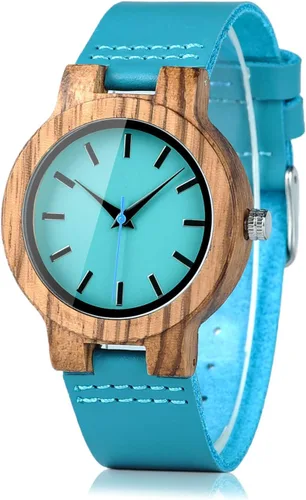 BOBO BIRD Reloj de madera de bambú para hombre y mujer con correa de cuero de vaca azul, relojes casuales para el amor con caja