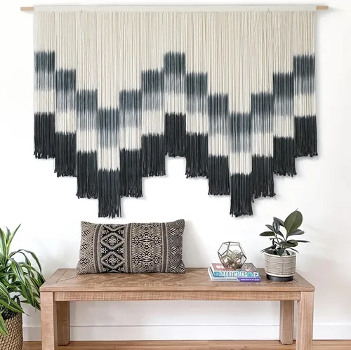 Miniatura 7 de Flber Tapiz de macramé para colgar en la pared, diseño geométrico de teñido anudado negro, decoración de pared bohemia para el hogar, 59 pulgadas