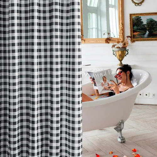 Miniatura 5 de Biscaynebay - Cortinas de ducha de tela texturizada 72" X 72", cortinas de baño de estilo granja modernas con estampado de cuadros en blanco y Negro