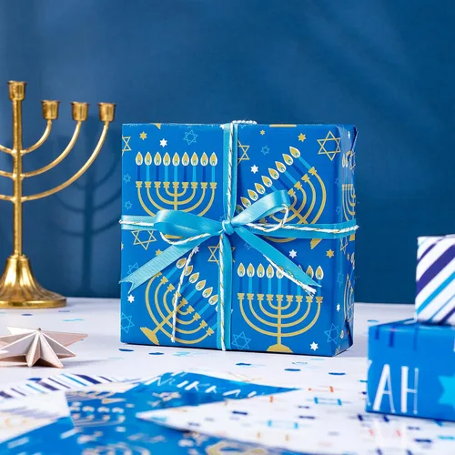 Miniatura 6 de RUSPEPA Hojas de papel de regalo de Hanukkah, estrella de David, menorá, feliz Hanukkah y diseño de rayas, papel de regalo azul y dorado
