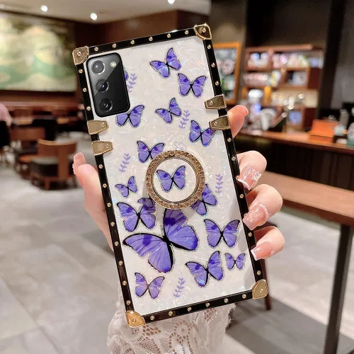 Miniatura 11 de Funda de mariposa con soporte de anillo para Galaxy Z Flip 3 para mujeres y niñas, diseño de caja cuadrada de lujo, diseño de mármol brillante