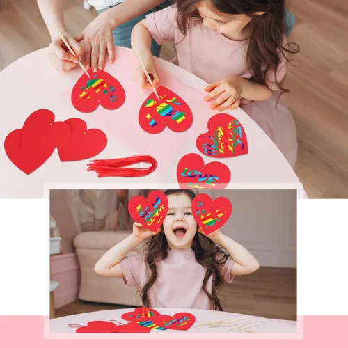 Miniatura 4 de Liliful Juego de 60 manualidades para el día de San Valentín para niños, diseño de corazón rojo, para raspar, San Valentín, preescolar, magia