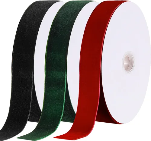 3 rollos de cinta de terciopelo navideño de una sola cara, vintage, para coronas de árbol de Navidad, decoración de lazos para envolver regalos (1