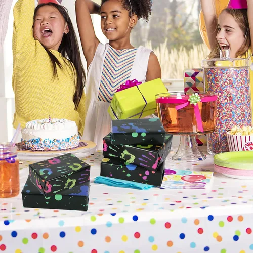 Miniatura 7 de AnyDesign 12 hojas de papel de regalo colorido, no enrollado, 4 diseños, papel de regalo de neón negro plegado plano para fiesta brillante