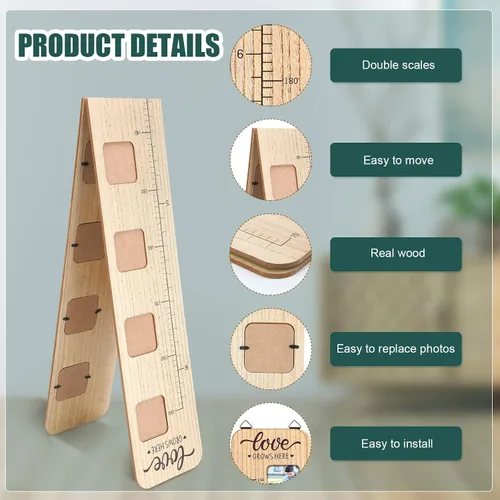 Miniatura 3 de Chunful Tabla de crecimiento de madera para niños con marcos de fotos, tabla de crecimiento de altura para pared, regla de medición de altura