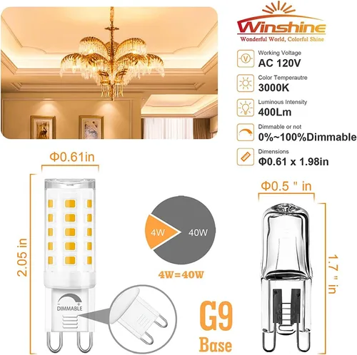 Miniatura 3 de Winshine - Paquete de 10 bombillas LED G9 regulables de 3000 K blanco cálido, bombilla de 4 W con casquillo G9 para lámpara de araña T4 de luz
