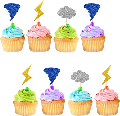 24 adornos para magdalenas de tornado, decoración de cupcakes de rayo, decoración colorida de purpurina para torta de clima para baby shower,