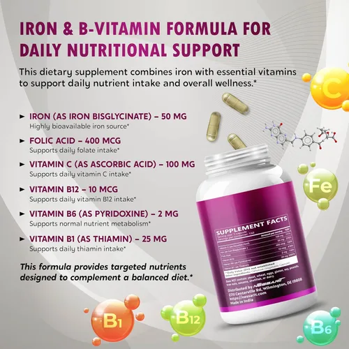 Miniatura 4 de Hierro natural de alta potencia con vitamina C, ácido fólico, fórmula de alta absorción, vitamina B1, vitamina B6, vitamina B12, ayuda a