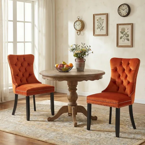 Miniatura 126 de SoarFlash Juego de 2 sillas de comedor de tela de lino, sillas de comedor tapizadas con ribete de cabeza de clavo y patas de madera de color claro