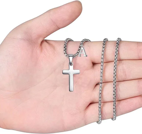Miniatura 2 de Collar de cruz con inicial para niños y hombres, de acero inoxidable, dije de cruz con letra inicial, joyería para primera comunión, regalos
