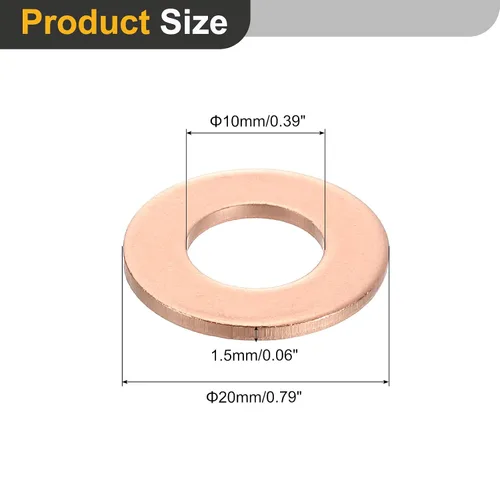Miniatura 2 de uxcell Arandela plana M10, 12 piezas de arandelas planas de anillo de cobre de 20 mm DE 1,5 mm de espesor Junta de sello de anillo de metal