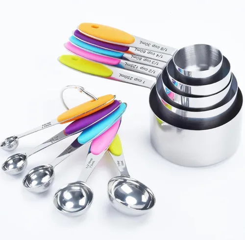 Juego de 10 tazas y cucharas medidoras, juego de tazas y cucharas medidoras de acero inoxidable 18/8 anidables para cocinar, juego de cucharas