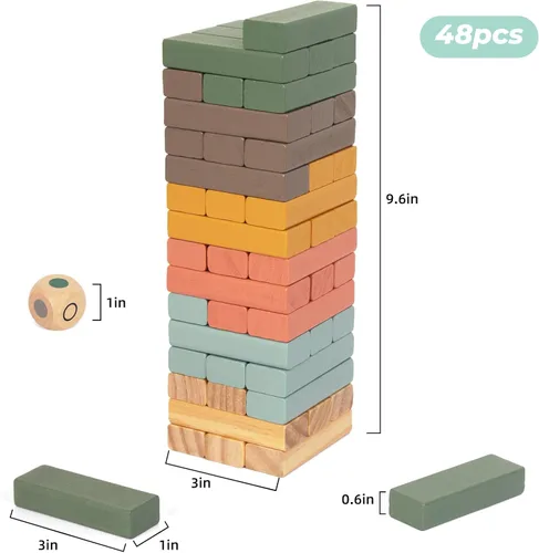 Miniatura 2 de Juegos de apilamiento de bloques de madera, 48 piezas de bloques apilables para niños y familias, bloques de equilibrio coloridos de madera