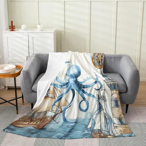 Miniatura 2 de Manta de franela de pulpo de 40 x 50 pulgadas, cálida y ligera, diseño de dibujos animados 3D, manta sherpa de franela moderna de aventura oceánica