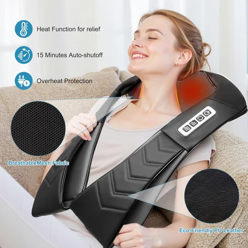 Miniatura 4 de Shiatsu Masajeador de cuello y espalda, masajeador eléctrico de hombros con calor, masaje de amasamiento de tejido profundo para aliviar el dolor