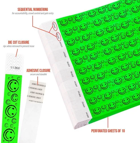 Miniatura 2 de 500 pulseras Tyvek de Wristco con cara sonriente verde neón para eventos, ¾ x 10 pulgadas, impermeables, reciclables, cómodas, resistentes a