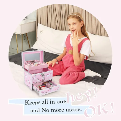 Miniatura 2 de Hododou Joyero para niñas diseño de unicornio rosa organizador con cajón y espejo estuche de almacenamiento con cerradura estilo unicornio