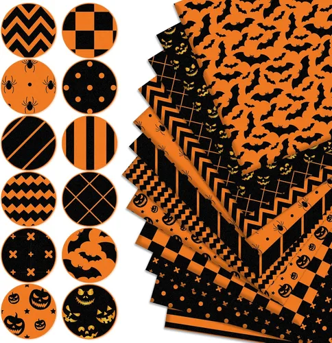 Miniatura 3 de Whaline 12 paquetes de tela de algodón de Halloween de 10 x 10 pulgadas, araña, calabaza, murciélago, rayas, cuadros, cuadrados, naranja y negro