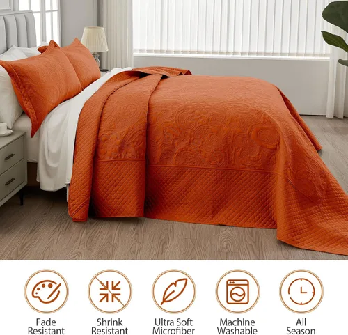 Miniatura 3 de Qucover Alaska King Colcha 132 x 120 pulgadas, colcha extragrande de color naranja quemado, 3 piezas de microfibra suave, ligera, colchas King
