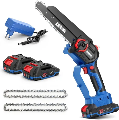 Mini motosierra inalámbrica de 8 pulgadas, motosierra eléctrica de mano mejorada con 2 baterías y cargador, sierra de cadena eléctrica con
