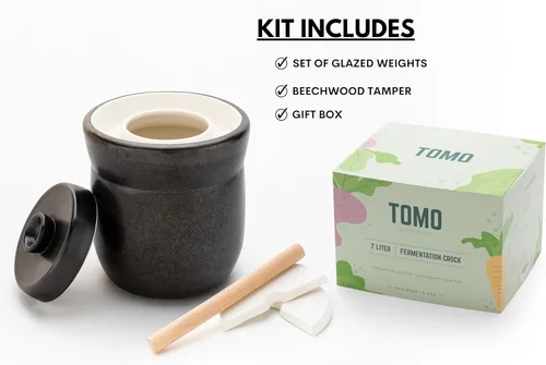 Miniatura 2 de TOMO Crock de fermentación con pesas 3L – Cerámica chucrut decapado Crock – Cerámica de Cerámica Kombucha Brewing – 3 litros (1 galón), peltre