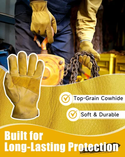 Miniatura 4 de DULFINE Cowhide Leather Work Gloves for Men & Women, Reinforced Durable Gardening Gloves, Puncture & Cut Resistant Dorado - Clásico