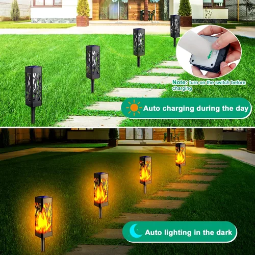 Miniatura 4 de TomCare Luces de camino con llamas parpadeantes alimentadas por energía solar decorativa para jardín, impermeable, iluminación de paisaje al aire