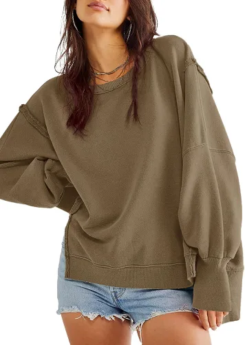 Miniatura 3 de Beaully Sudaderas de gran tamaño para mujer, cuello redondo, manga larga, abertura lateral, suéter casual para otoño