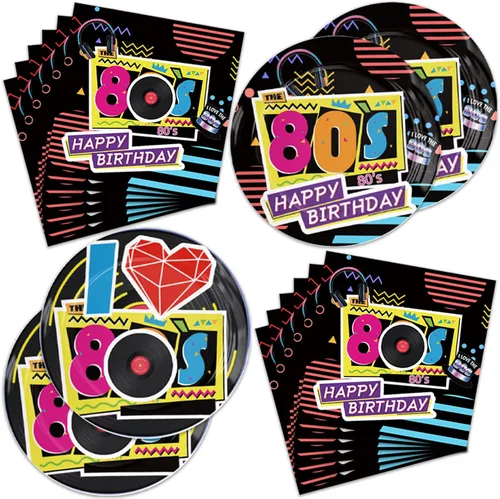 40 Piezas Decoraciones de Fiesta de Cumpleaños de los Años 80 Platos Vajilla Temática de los Años 80 Incluye Platos de Papel Servilletas para 20