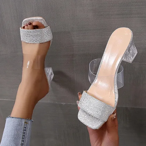 Miniatura 2 de Women Sandals Ladies Shoes Summer Slip On Transparent Glitter Crystal Chunky Heel Sandals Zapatos de gimnasio mujeres