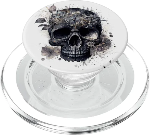 Miniatura 8 de Gráfico de calavera floral para mujer, cumpleaños, único, negro, calavera, PopSockets, PopGrip estándar