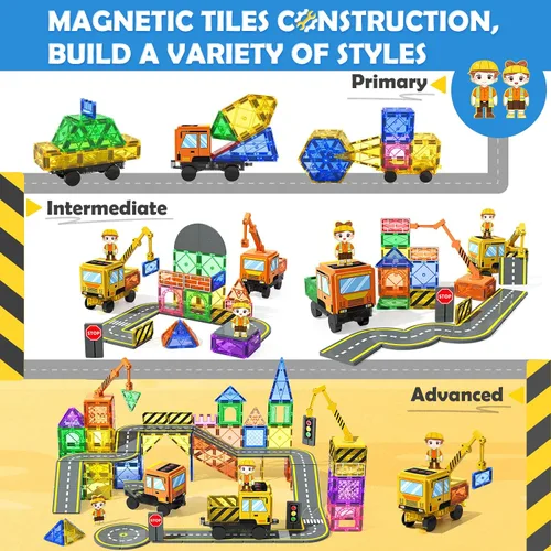 Miniatura 6 de Soyee 102 azulejos magnéticos con 2 autos y 2 grúas imán, construcción de juguetes para niños para juego creativo y aprendizaje STEM para niños