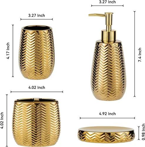Miniatura 2 de Juego de 4 accesorios de baño, accesorios de baño de cerámica dorada completos con dispensador de jabón, soporte para cepillos de dientes, vaso