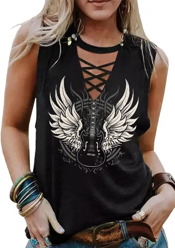 Camiseta sin mangas con alas de guitarra para mujer, camiseta retro de música country, camiseta gráfica de guitarra de rock, camiseta casual con