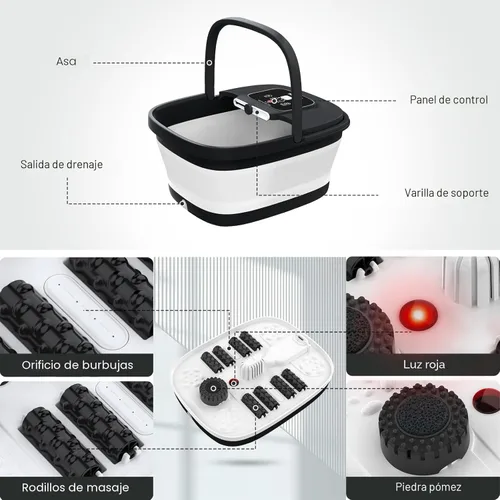 Miniatura 6 de HOSPAN Tina de pies plegable con calor, burbujas, luz roja y control de temperatura, masajeador de baño de pies con 8 rodillos de masaje shiatsu