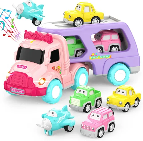 LASCOTON - Juguetes para niñas de 1, 2 y 3 años, camión transportador 5 en 1 para niñas pequeñas, autos de juguete alimentados por fricción con