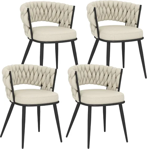 Miniatura 23 de Juego de 2 sillas de comedor tejidas, modernas sillas de comedor tejidas a mano con patas de metal negro, sillas tapizadas con marco negro