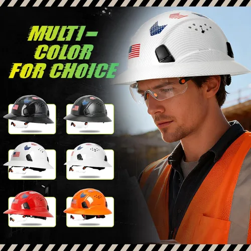 Miniatura 9 de Casco duro de ala completa con patrón de fibra de carbono con visera, casco de seguridad de construcción aprobado por la OSHA para hombres y Fibra