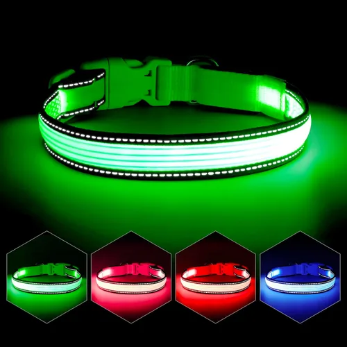 Miniatura 11 de YFbrite Collar de perro LED ajustable ultraligero, collares de perro con luz recargable que brilla en la oscuridad, collares de visibilidad y Verde