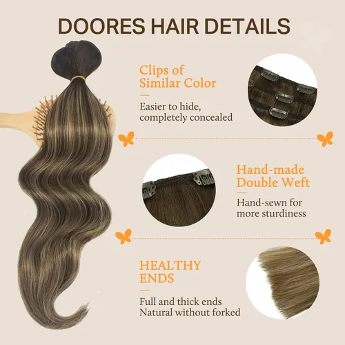Miniatura 4 de DOORES Extensiones de cabello humano con clip, de 18 pulgadas, balayage, color marrón chocolate a rubio caramelo, 5 unidades, 2.82 oz, extensiones