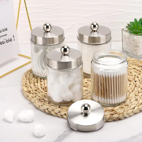 Miniatura 4 de Tbestmax Dispensador de soporte de vidrio Qtip, recipientes de baño de 10 onzas, tarros de boticario con tapas de metal para hisopos de bolas