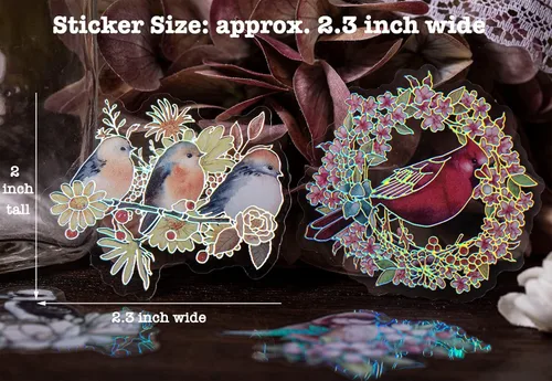Miniatura 6 de LakoArt 120 calcomanías de pájaros y flores con borde holográfico plateado y fondo transparente, calcomanías de álbum de recortes de naturaleza