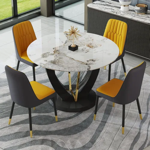 Miniatura 42 de JUFU Juego de mesa de comedor redonda para 4, mesa de comedor de 48 pulgadas con mesa de mármol sintético y 4 sillas tapizadas, moderno juego