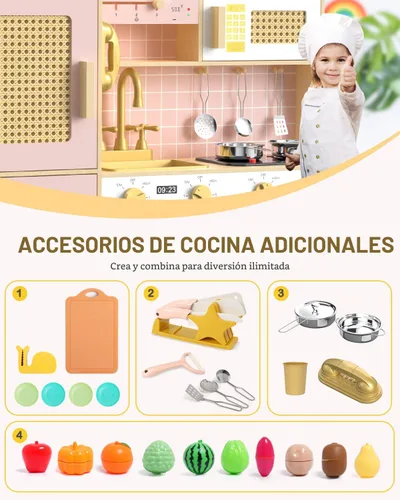 Miniatura 4 de Babytronic Juego de cocina de madera para niños - Cocina de juego rosa con luces y sonidos, cocina de juguete estilo retro para niños pequeños de 3