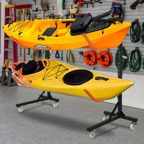 Miniatura 8 de Estante de almacenamiento independiente para kayak, estantes ajustables para kayak al aire libre con 4 ruedas bloqueables, soportes de kayak