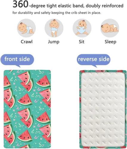 Miniatura 5 de Sábanas bajeras ajustables para cuna pequeña con temática de sandía, sábanas portátiles para cuna de material ultra suave, sábana de colchón
