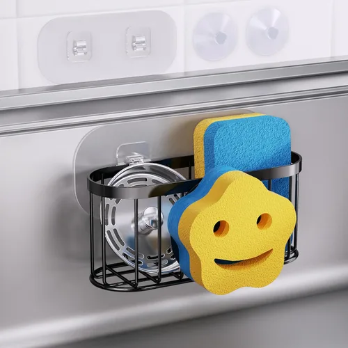 Miniatura 22 de HapiRm Organizador de esponja multifuncional con forma única en M, 2 métodos de instalación, organizador de fregadero de cocina, organizador